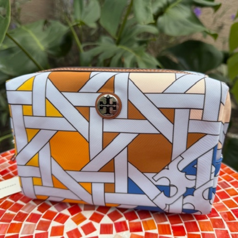 Tory Burch Nylon Blue Basketweave Cosmetic Case - NEW w/tags